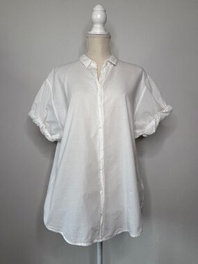XiRENA White Collared Button Down Shirt Red Stitch Oversized Cotton Size M
